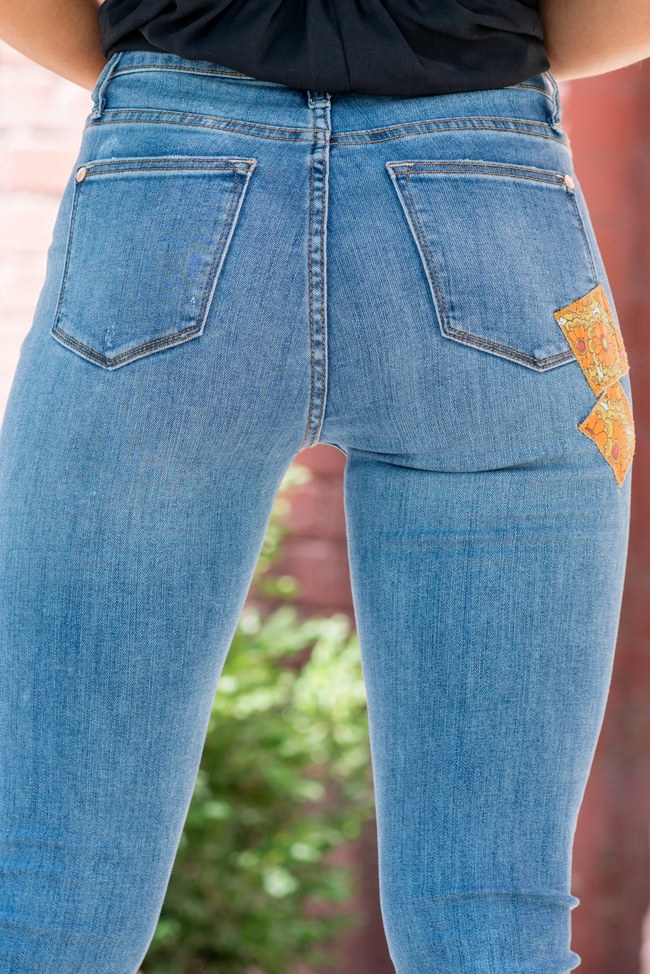 70s Print Patch Mid Rise Skinny