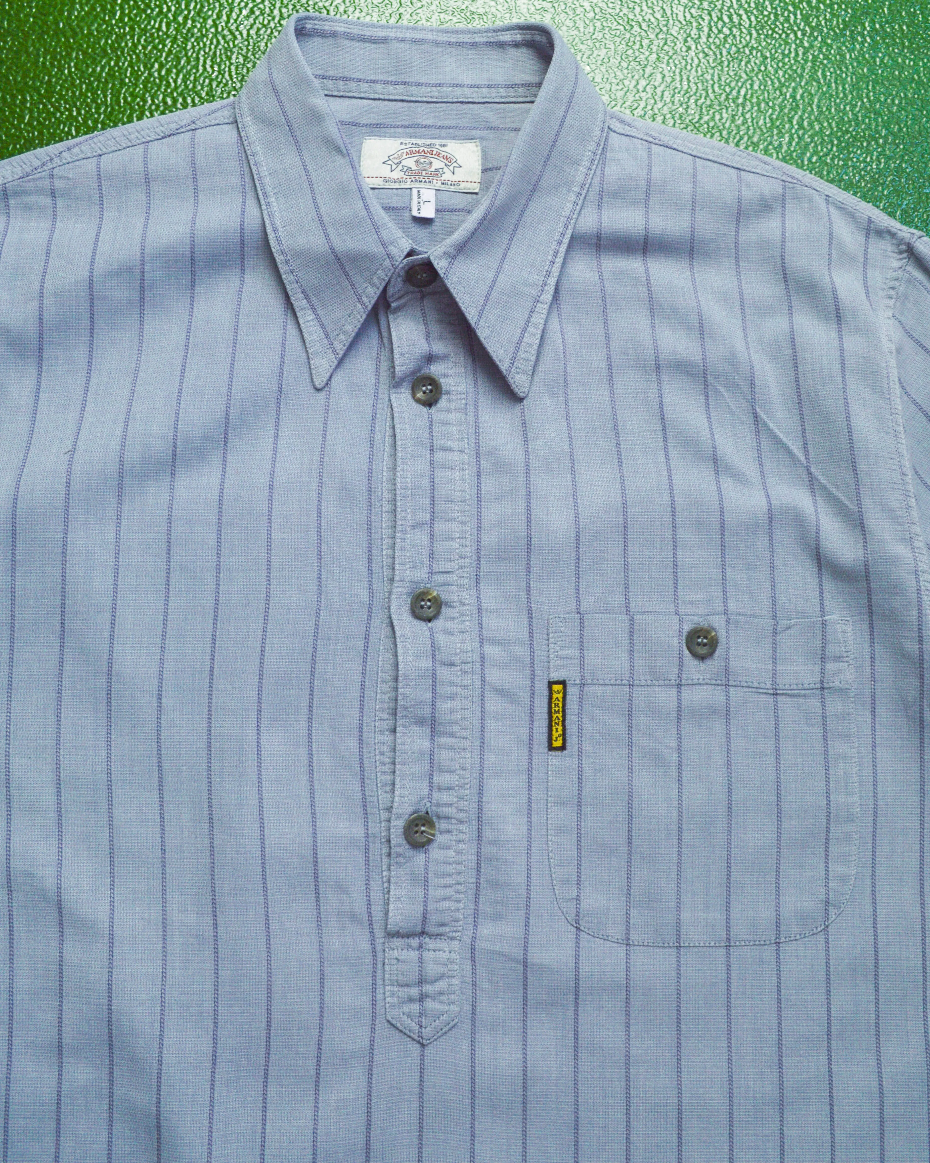 90s Blue Vertical Striped Shirt (L~XL)