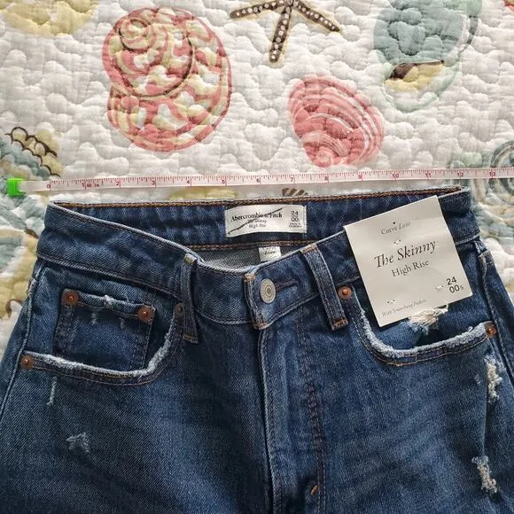 Abercrombie &amp; Fitch Curve Love The Skinny High Rise Jeans Raw Hem Size 24S Dark