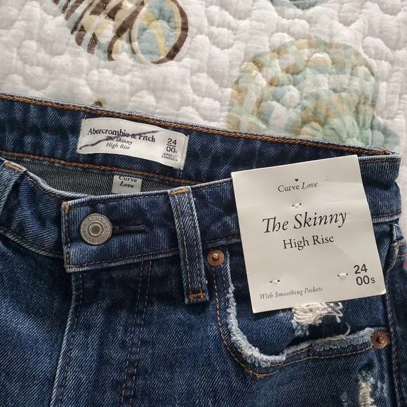 Abercrombie &amp; Fitch Curve Love The Skinny High Rise Jeans Raw Hem Size 24S Dark