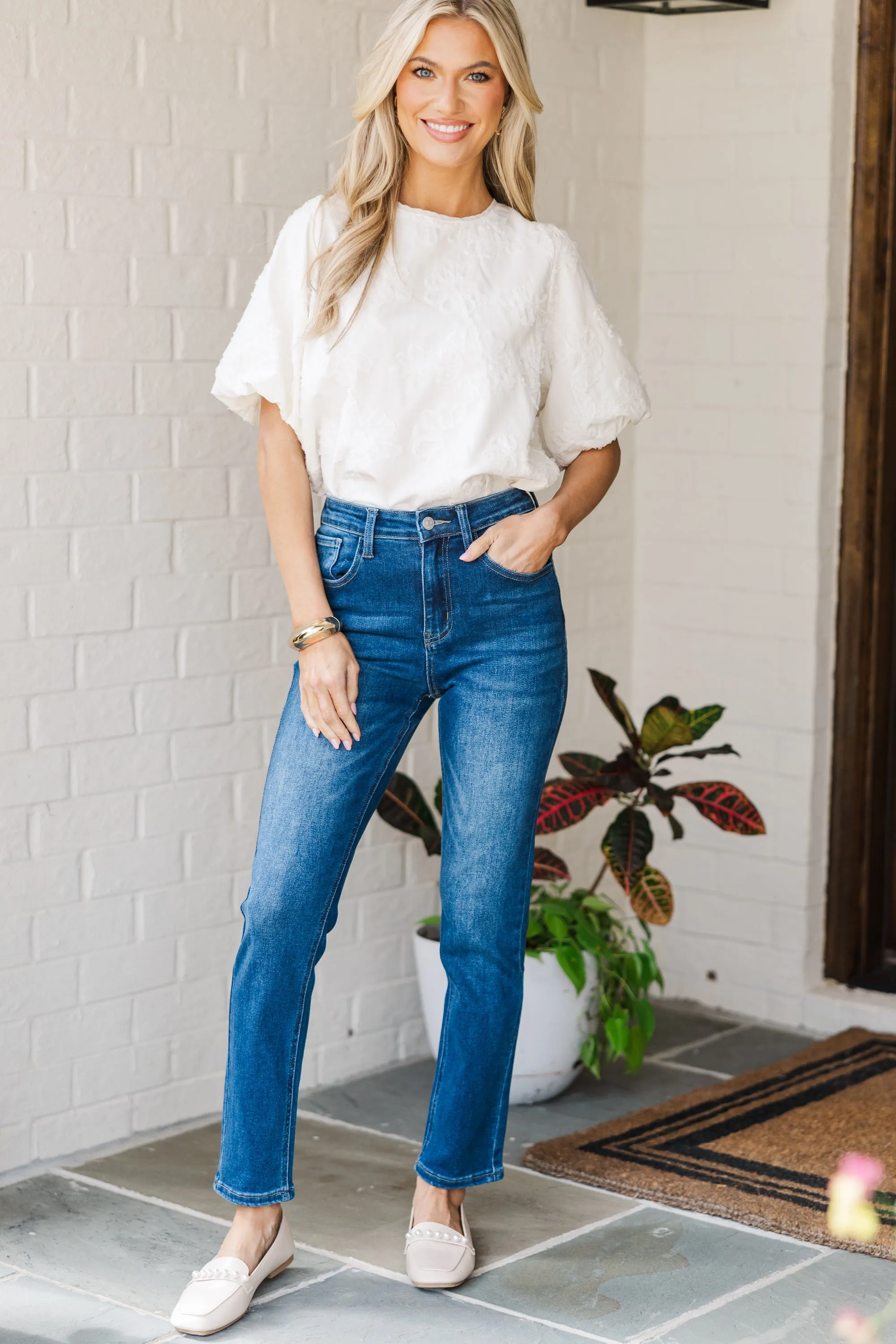 All In Cream White Textured Floral Blouse