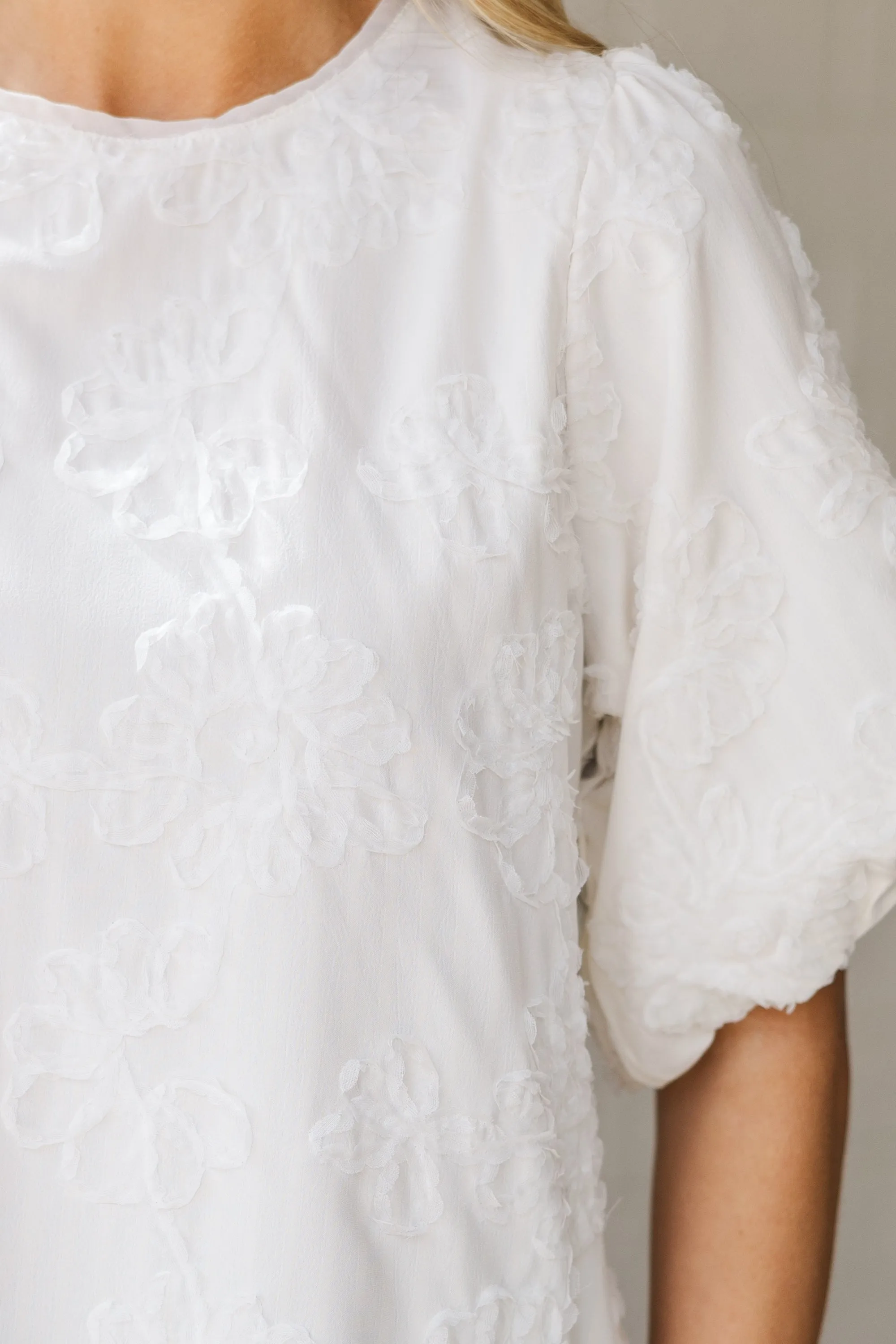 All In Cream White Textured Floral Blouse
