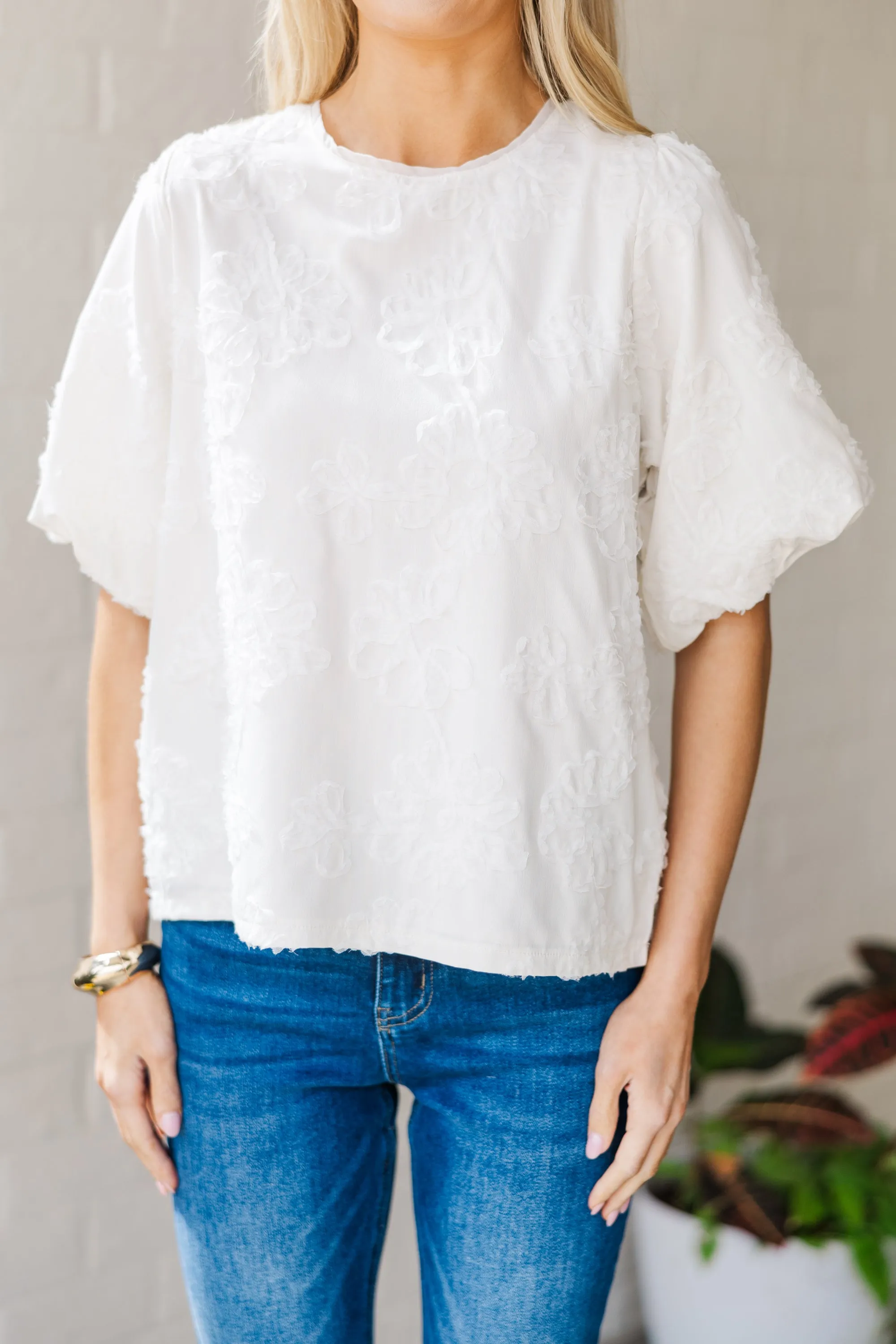 All In Cream White Textured Floral Blouse