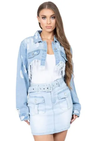 American Bazi Distressed Denim Jacket Cropped Frayed Hem Stylish Trendy Top