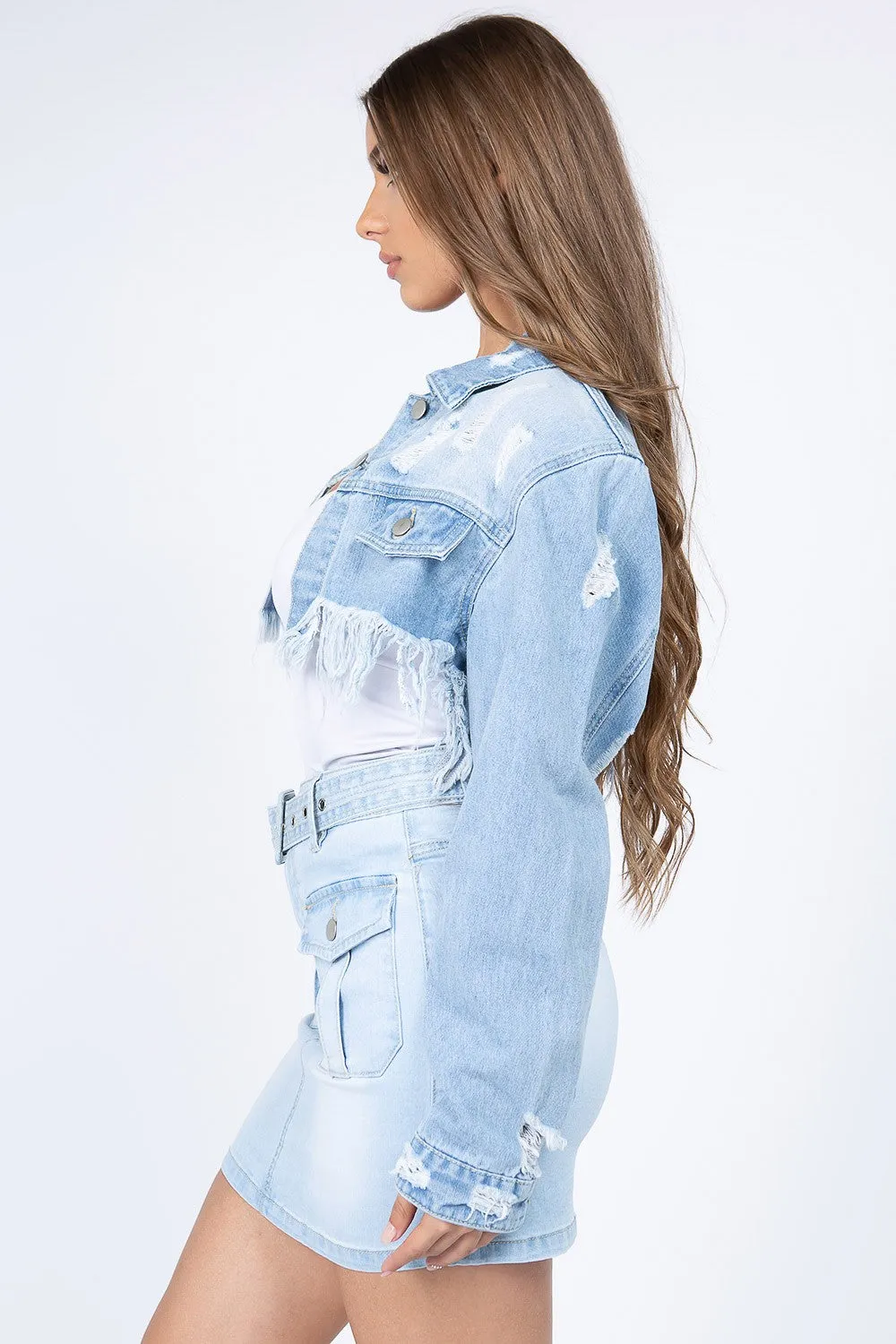 American Bazi Distressed Denim Jacket Cropped Frayed Hem Stylish Trendy Top