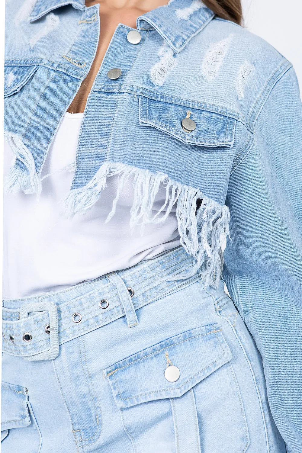 American Bazi Distressed Denim Jacket Cropped Frayed Hem Stylish Trendy Top