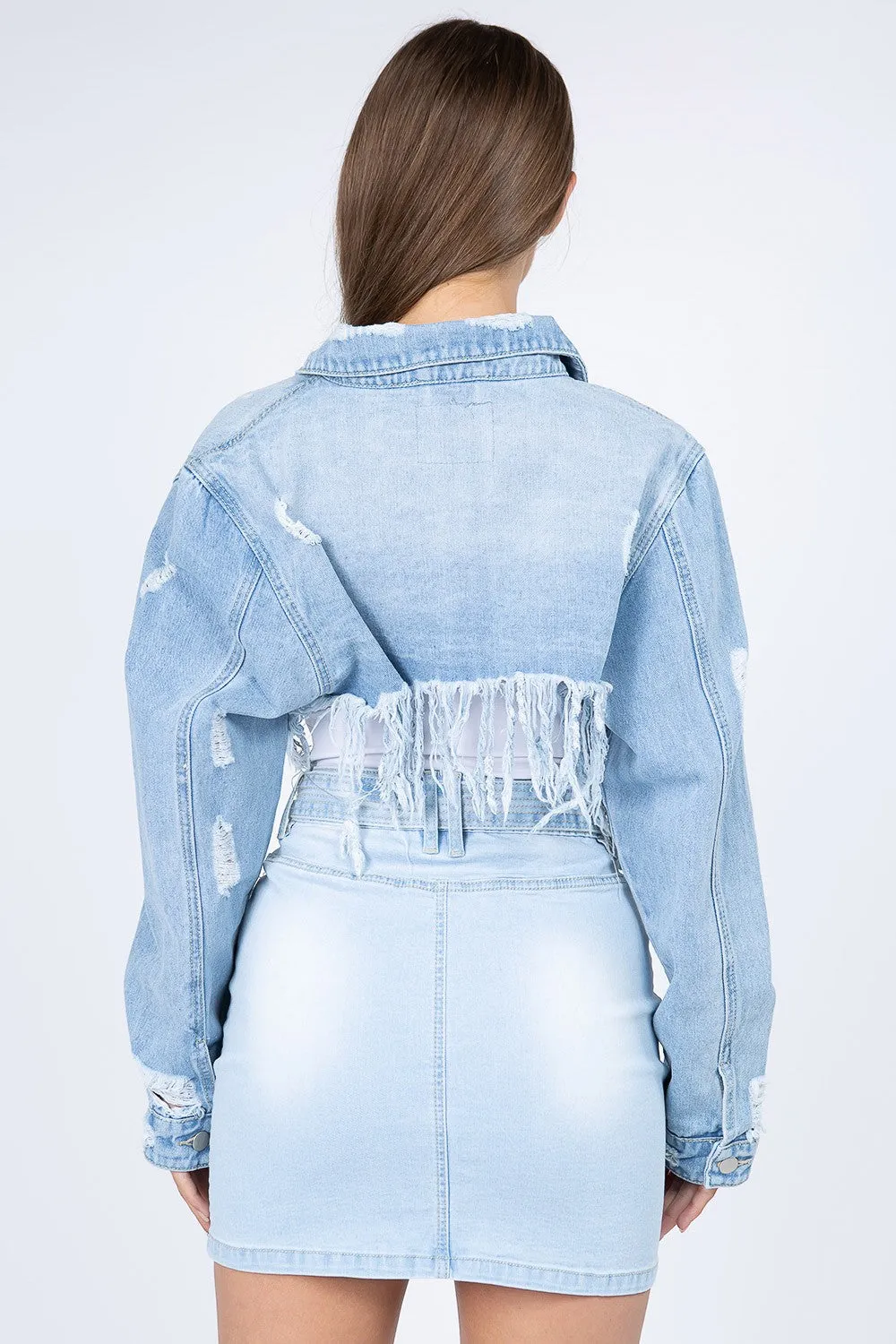 American Bazi Distressed Denim Jacket Cropped Frayed Hem Stylish Trendy Top
