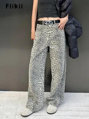 American Retro Leopard Print High Waist Baggy Jeans Women's Casual Hip-hop Pants Y2K Oversized Denim Trousers