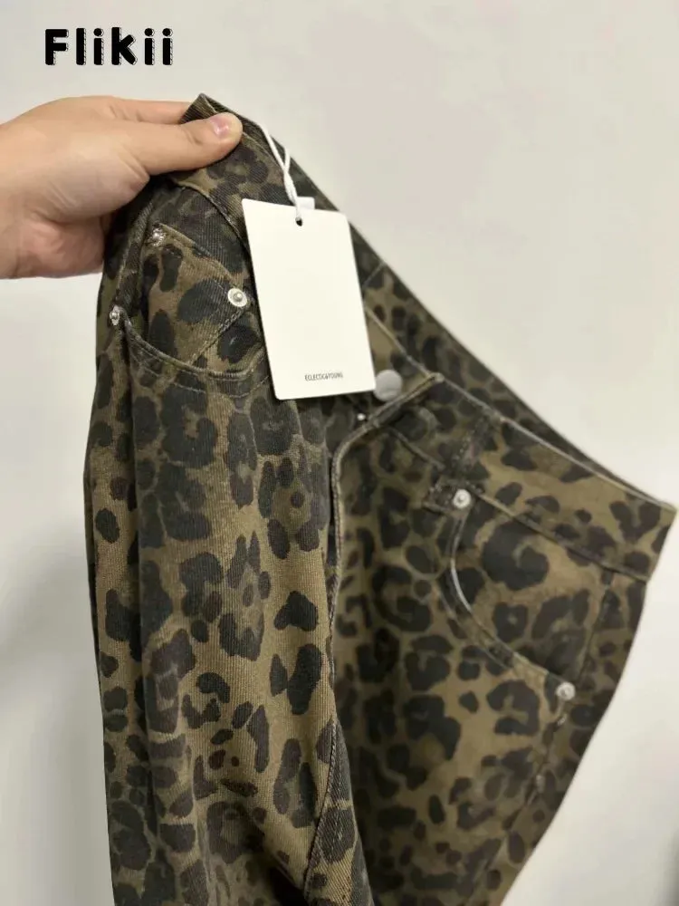 American Retro Leopard Print High Waist Baggy Jeans Women's Casual Hip-hop Pants Y2K Oversized Denim Trousers