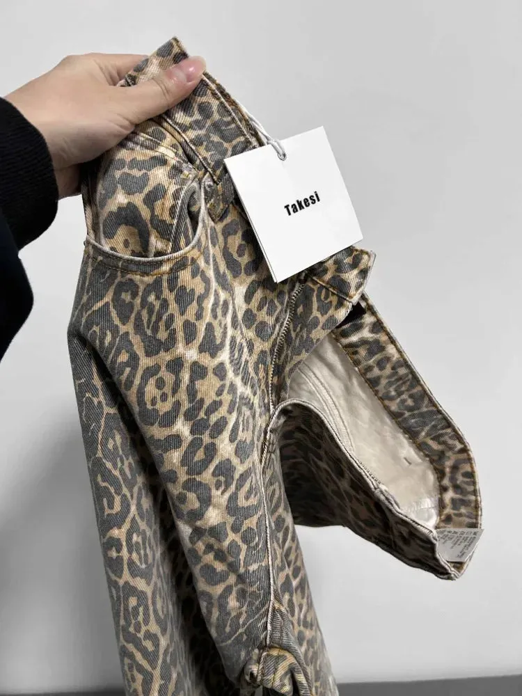 American Retro Leopard Print High Waist Baggy Jeans Women's Casual Hip-hop Pants Y2K Oversized Denim Trousers