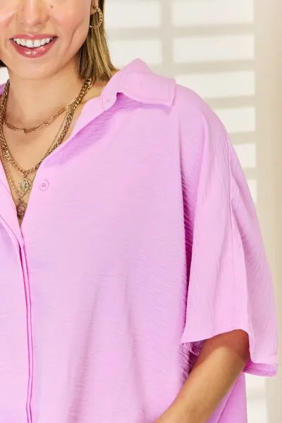 Anita Zenana Texture Button Up Short Sleeve High-Low Shirt