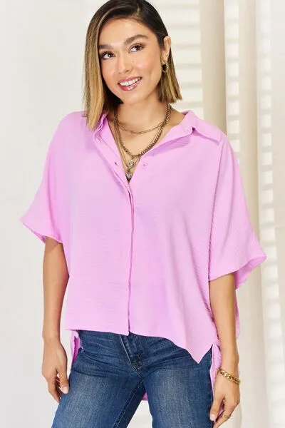 Anita Zenana Texture Button Up Short Sleeve High-Low Shirt
