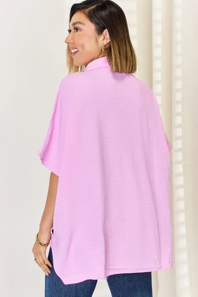 Anita Zenana Texture Button Up Short Sleeve High-Low Shirt