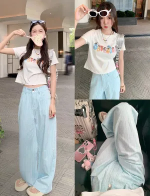 Baby Blue Textured Wide-Leg Distressed Jeans