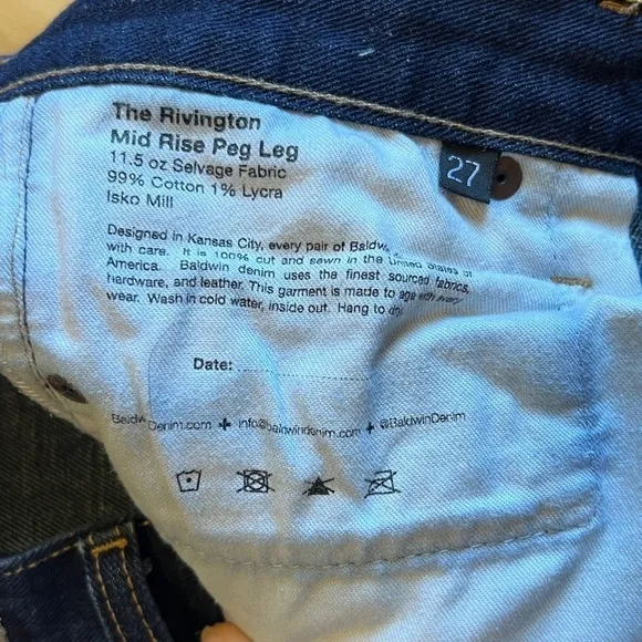 Baldwin KC The Rivington Peg Leg Jeans Dark Blue Wash Selvedge Denim Women’s 27