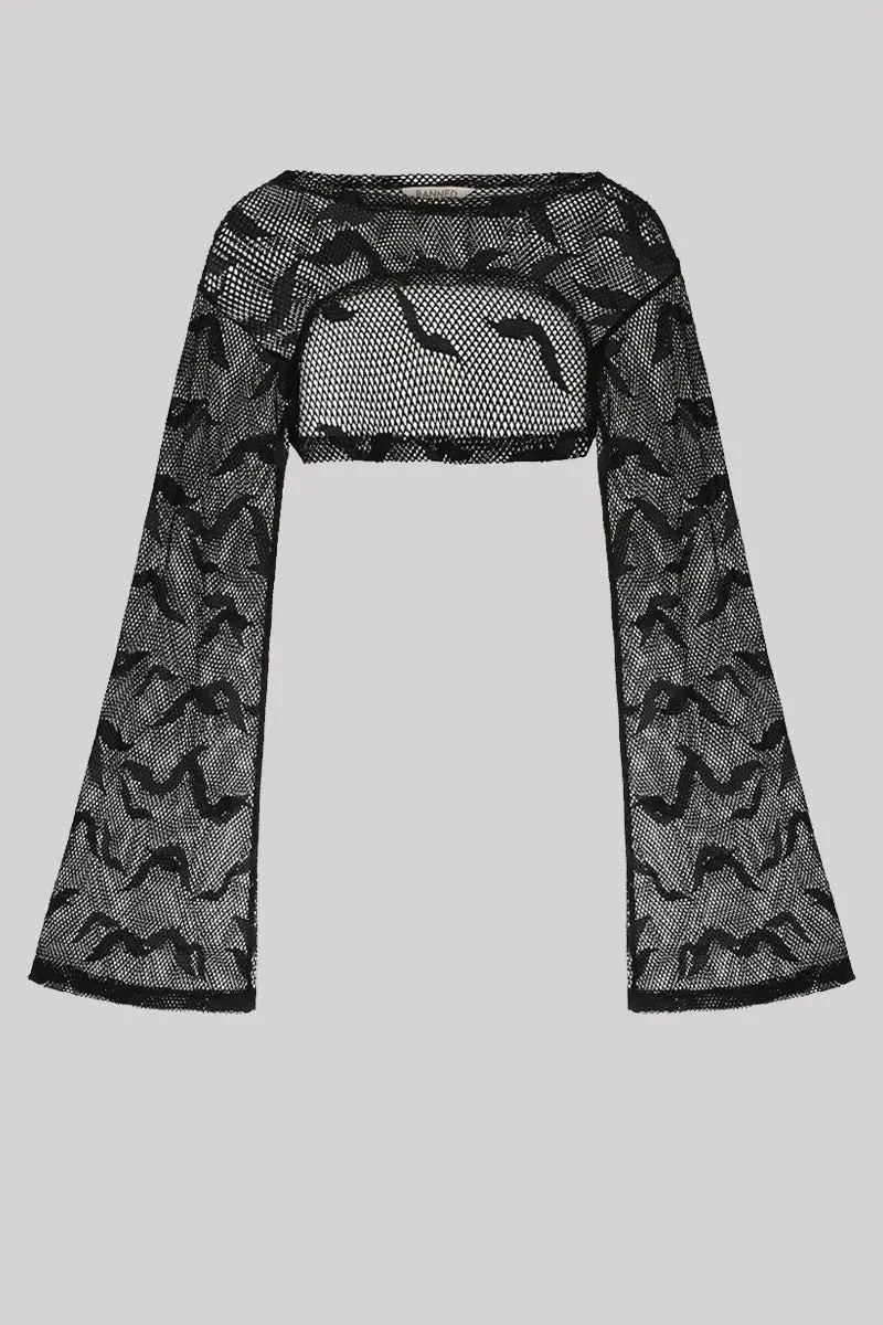 Banned Selena Top – Black Fishnet Mesh Bell Sleeve Crop