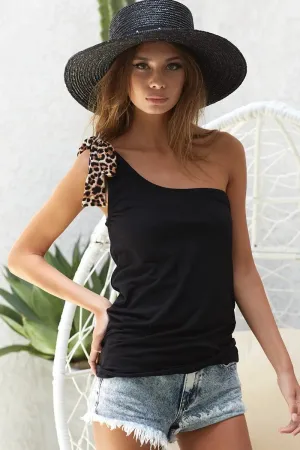BiBi Rayon Span Knit One Shoulder Top with Leopard Ribbon