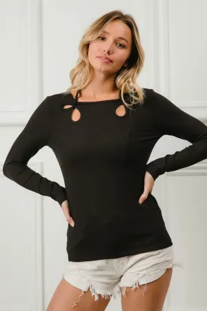 BiBi Rib Knit With Cut Out and Tied Neck Detailed Top