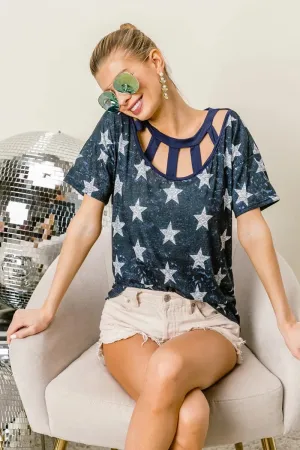 BiBi Vintage Star Print Top With Contrast Caged Neck