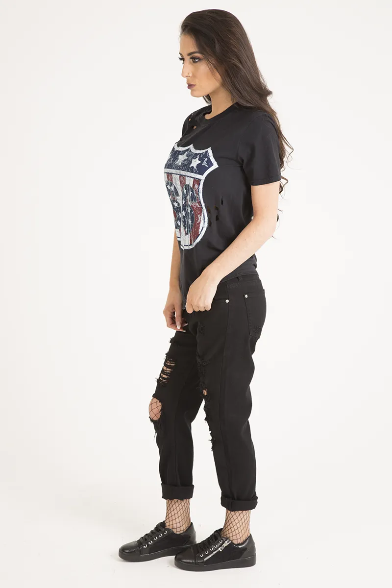 Black '66' Graphic Print Laser Cut Top - Gracie