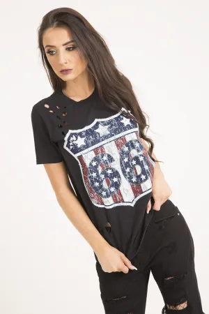 Black '66' Graphic Print Laser Cut Top - Gracie