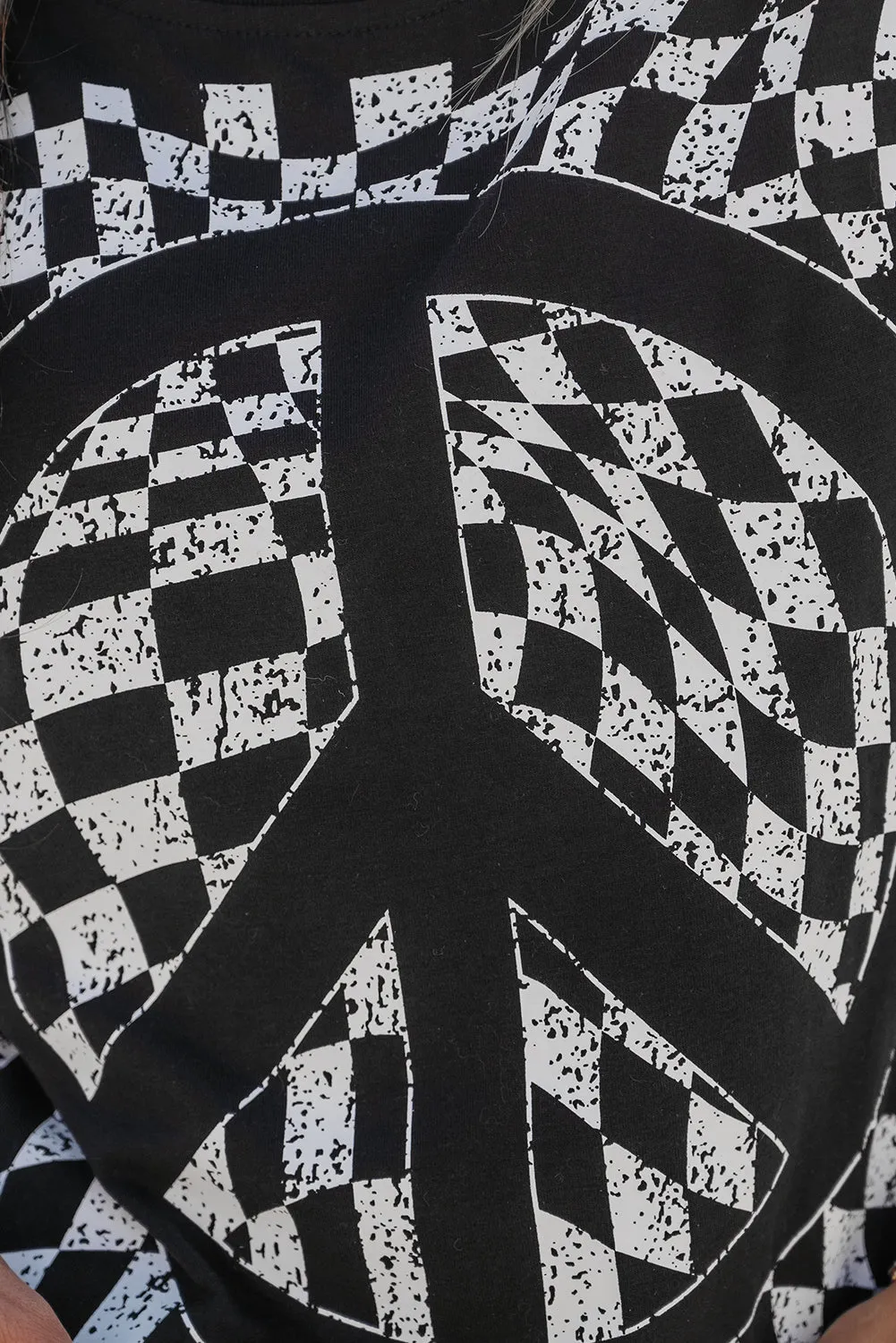 Black & White Checkered Graphic Peace Sign Cropped Tee