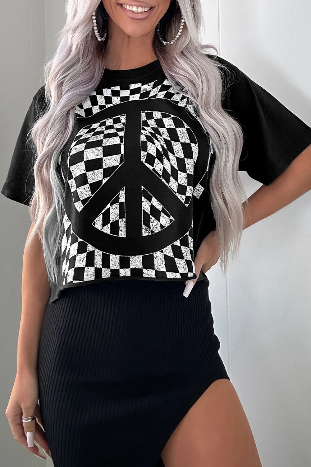 Black & White Checkered Graphic Peace Sign Cropped Tee