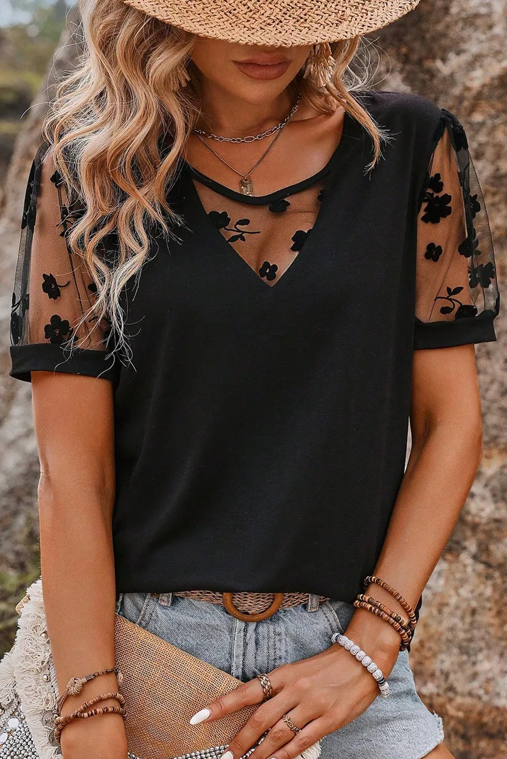 Black Floral/Heart/Polka Dot Lace Patchwork Crew Neck T Shirt