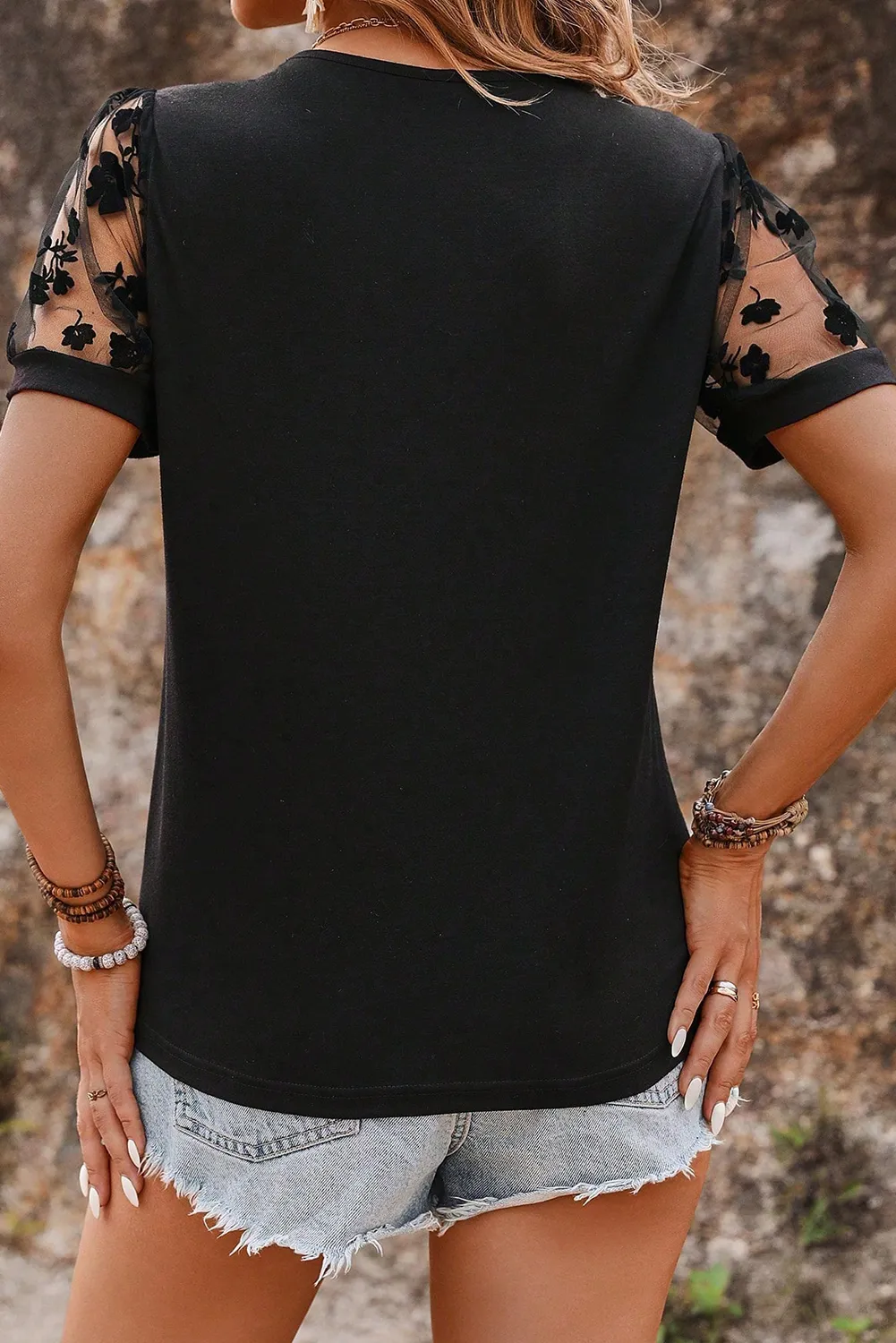 Black Floral/Heart/Polka Dot Lace Patchwork Crew Neck T Shirt