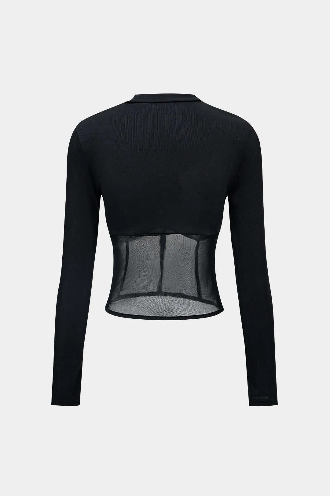 Black Y2k Mesh Patchwork Corset Round Neck Long Sleeve Shirt 