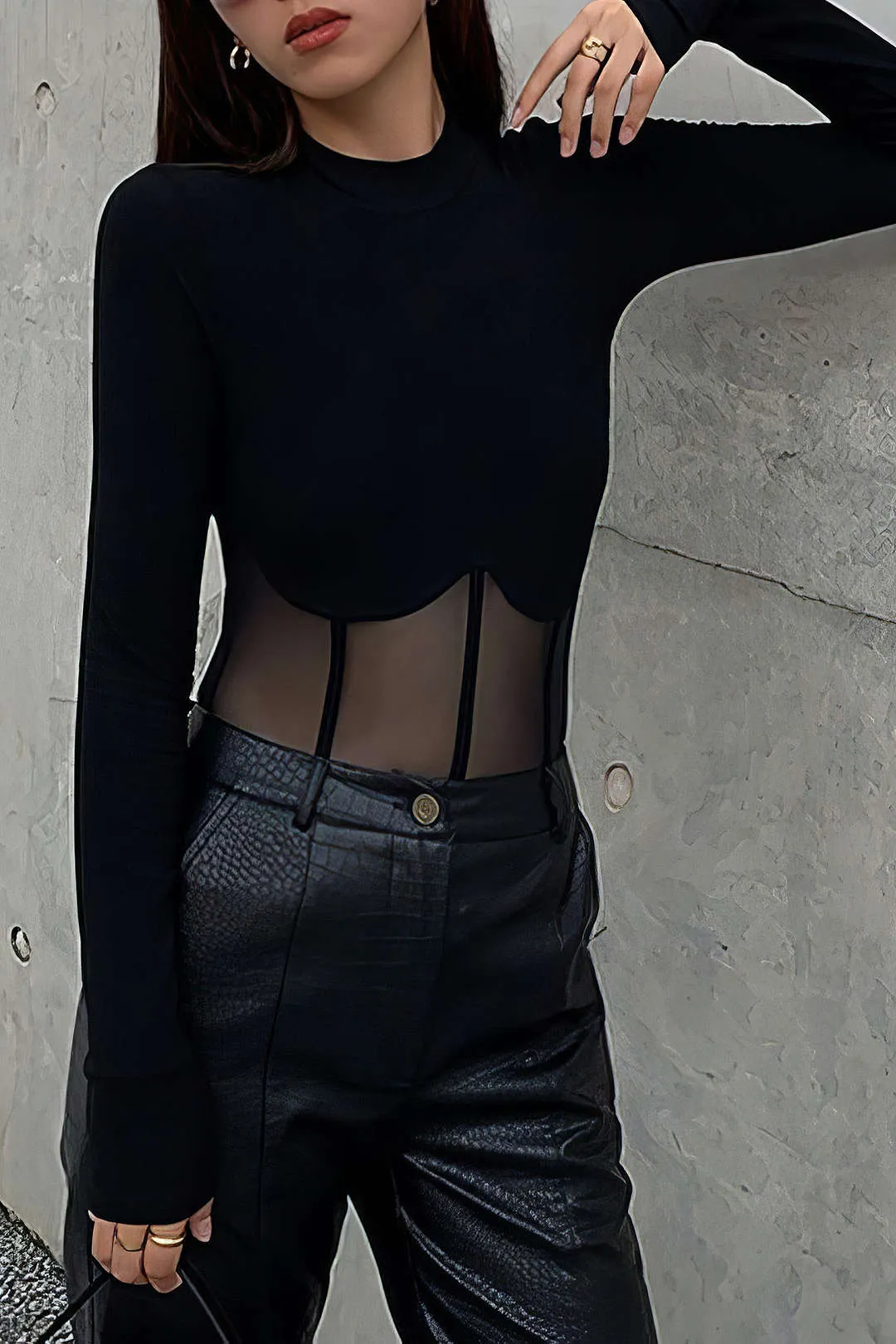 Black Y2k Mesh Patchwork Corset Round Neck Long Sleeve Shirt 