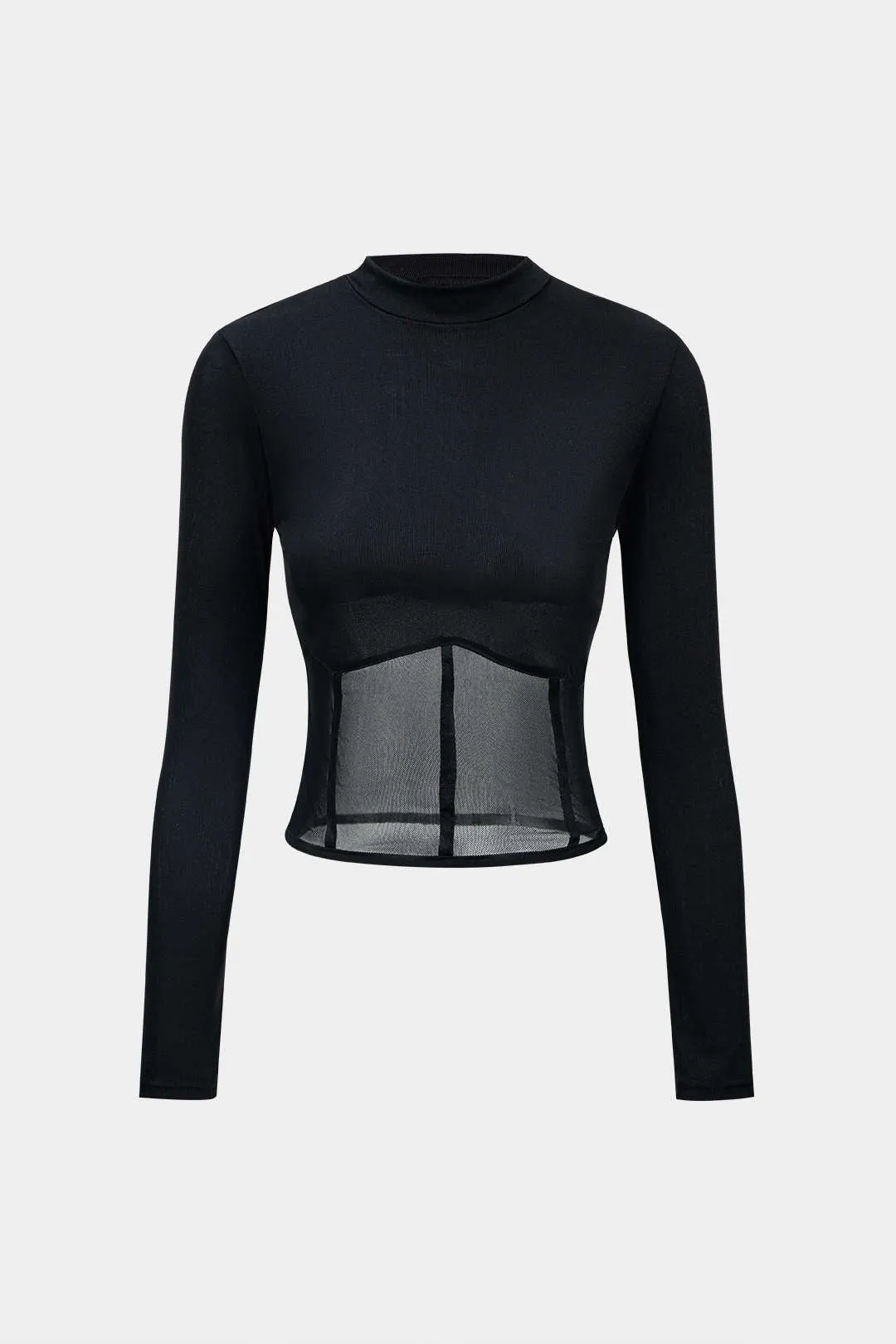 Black Y2k Mesh Patchwork Corset Round Neck Long Sleeve Shirt 