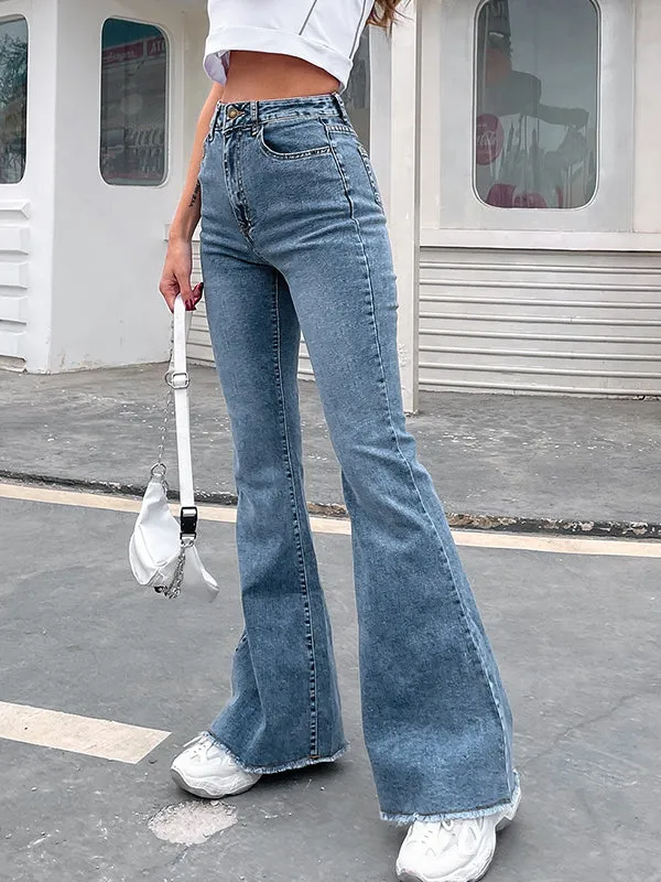 Blaue Vintage Gewaschene Stretch Schlaghose mit Hoher Taille