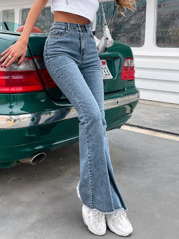 Blaue Vintage Gewaschene Stretch Schlaghose mit Hoher Taille