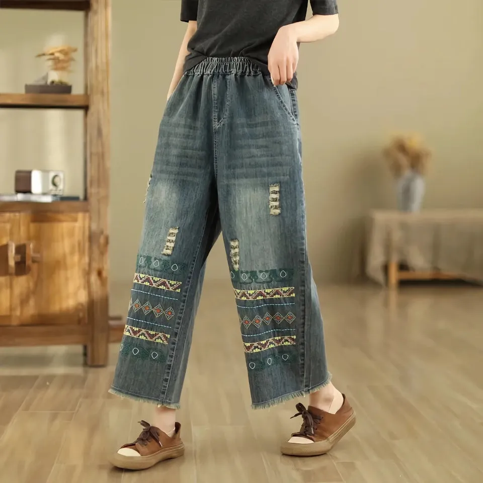 Boho Chic Vintage Embroidered Wide-Leg Jeans