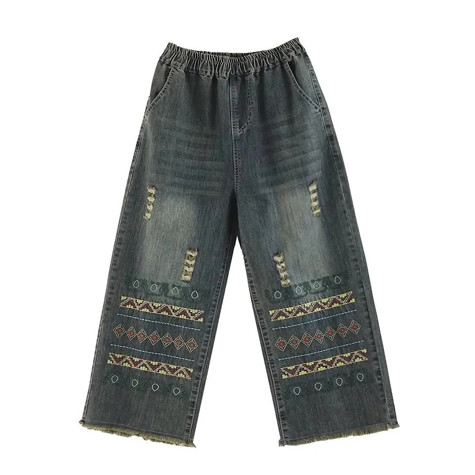 Boho Chic Vintage Embroidered Wide-Leg Jeans