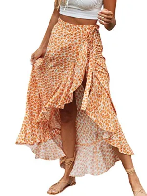 Boho Floral High Waisted Maxi Skirt with Slit (Orange-M)