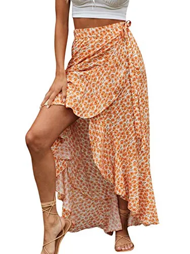 Boho Floral High Waisted Maxi Skirt with Slit (Orange-M)