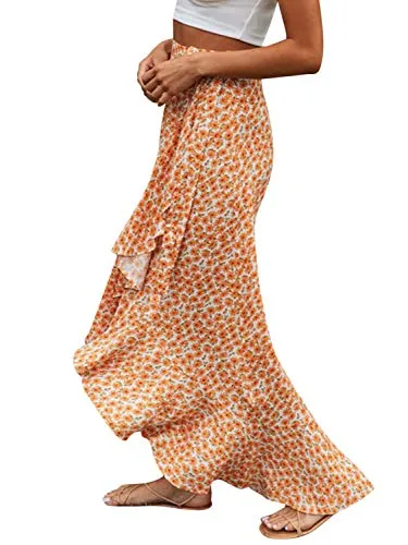 Boho Floral High Waisted Maxi Skirt with Slit (Orange-M)