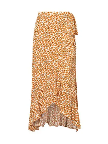 Boho Floral High Waisted Maxi Skirt with Slit (Orange-M)