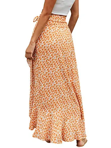 Boho Floral High Waisted Maxi Skirt with Slit (Orange-M)