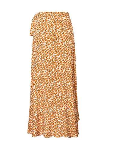 Boho Floral High Waisted Maxi Skirt with Slit (Orange-M)