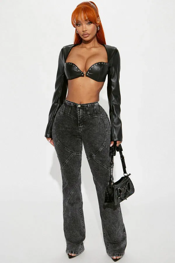 Bold and Edgy Leather Riveted Crop Top with Structured Cups and Long Sleeves