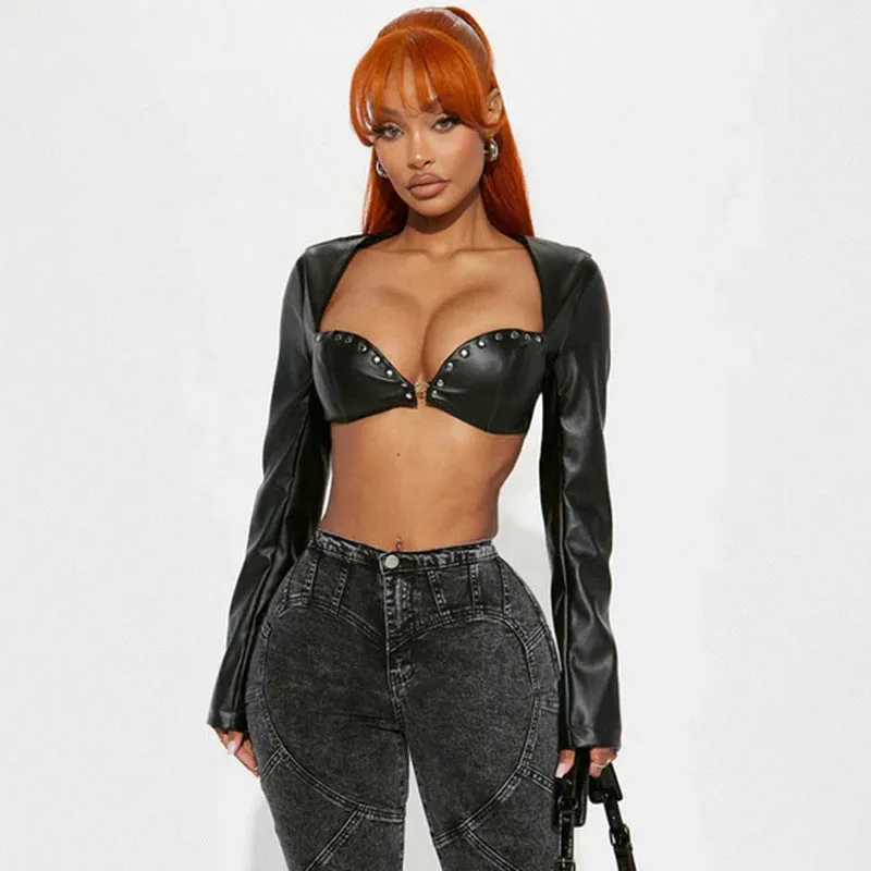 Bold and Edgy Leather Riveted Crop Top with Structured Cups and Long Sleeves