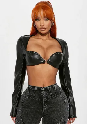 Bold and Edgy Leather Riveted Crop Top with Structured Cups and Long Sleeves