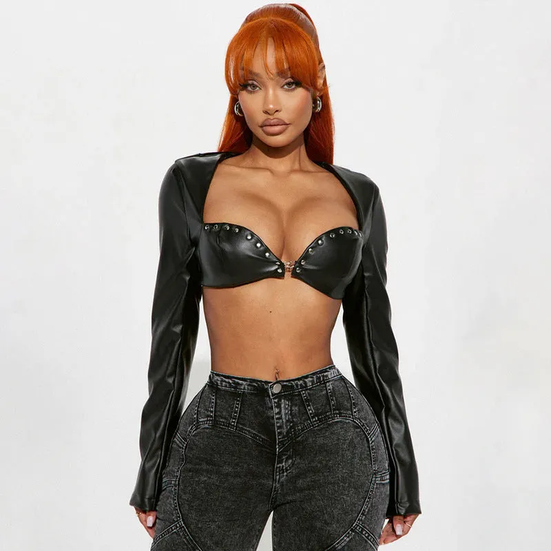 Bold and Edgy Leather Riveted Crop Top with Structured Cups and Long Sleeves
