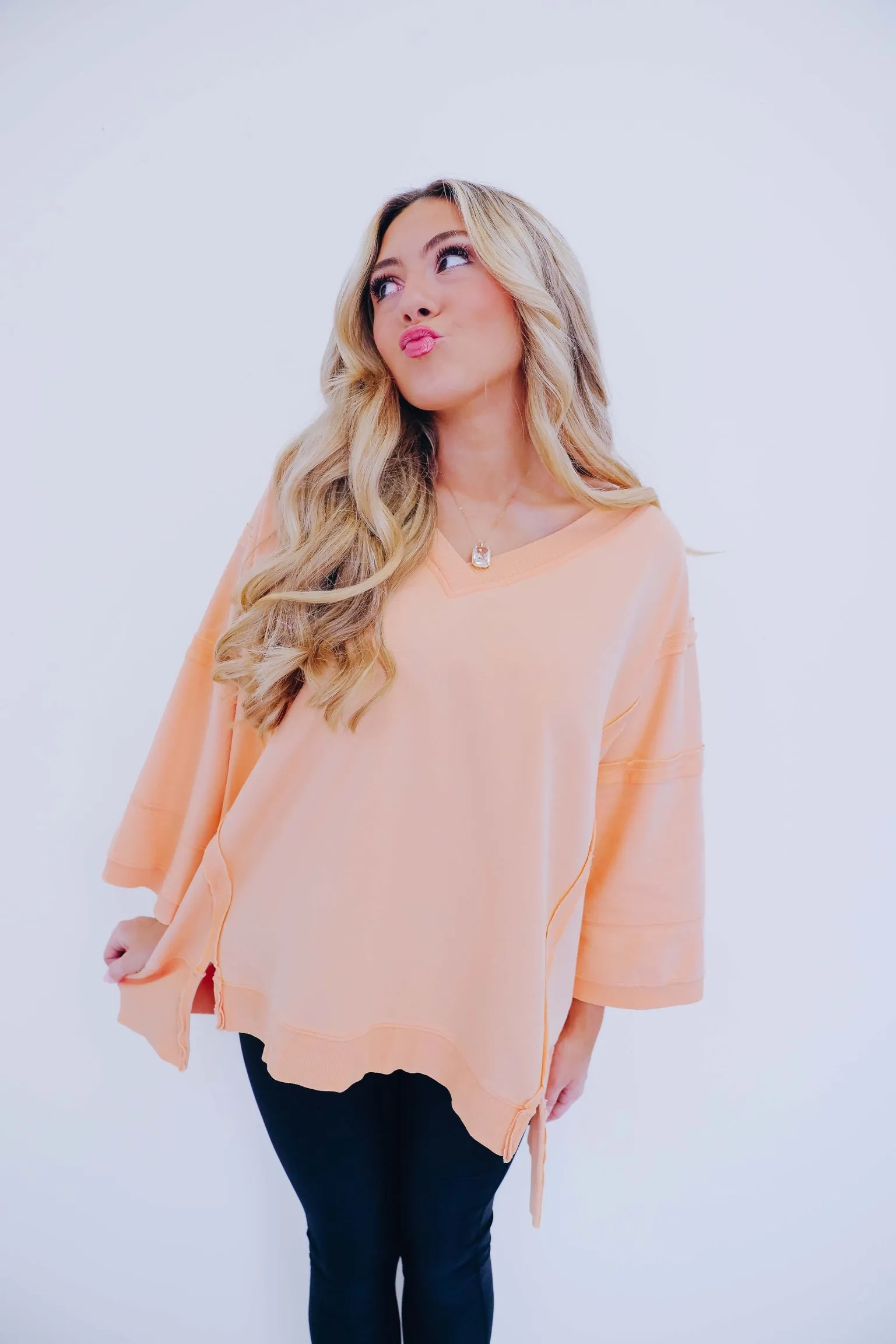 Brooks Bleach Washed V-Neck Top - Apricot