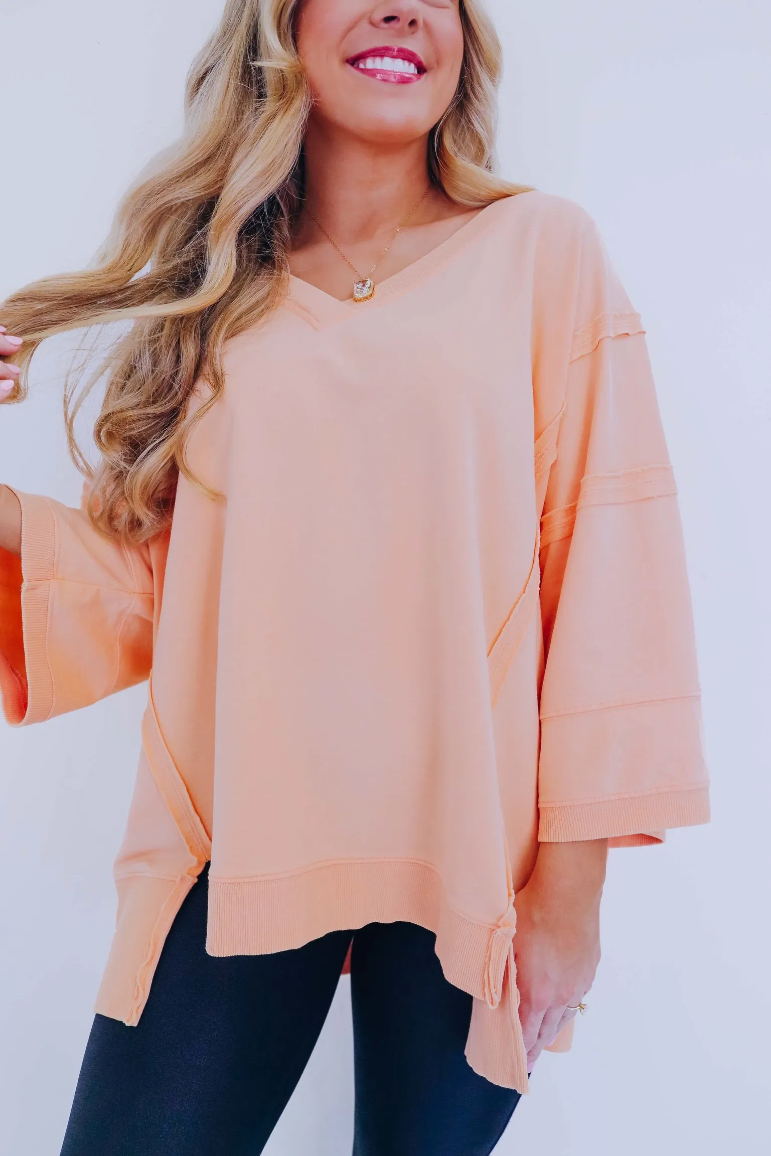 Brooks Bleach Washed V-Neck Top - Apricot