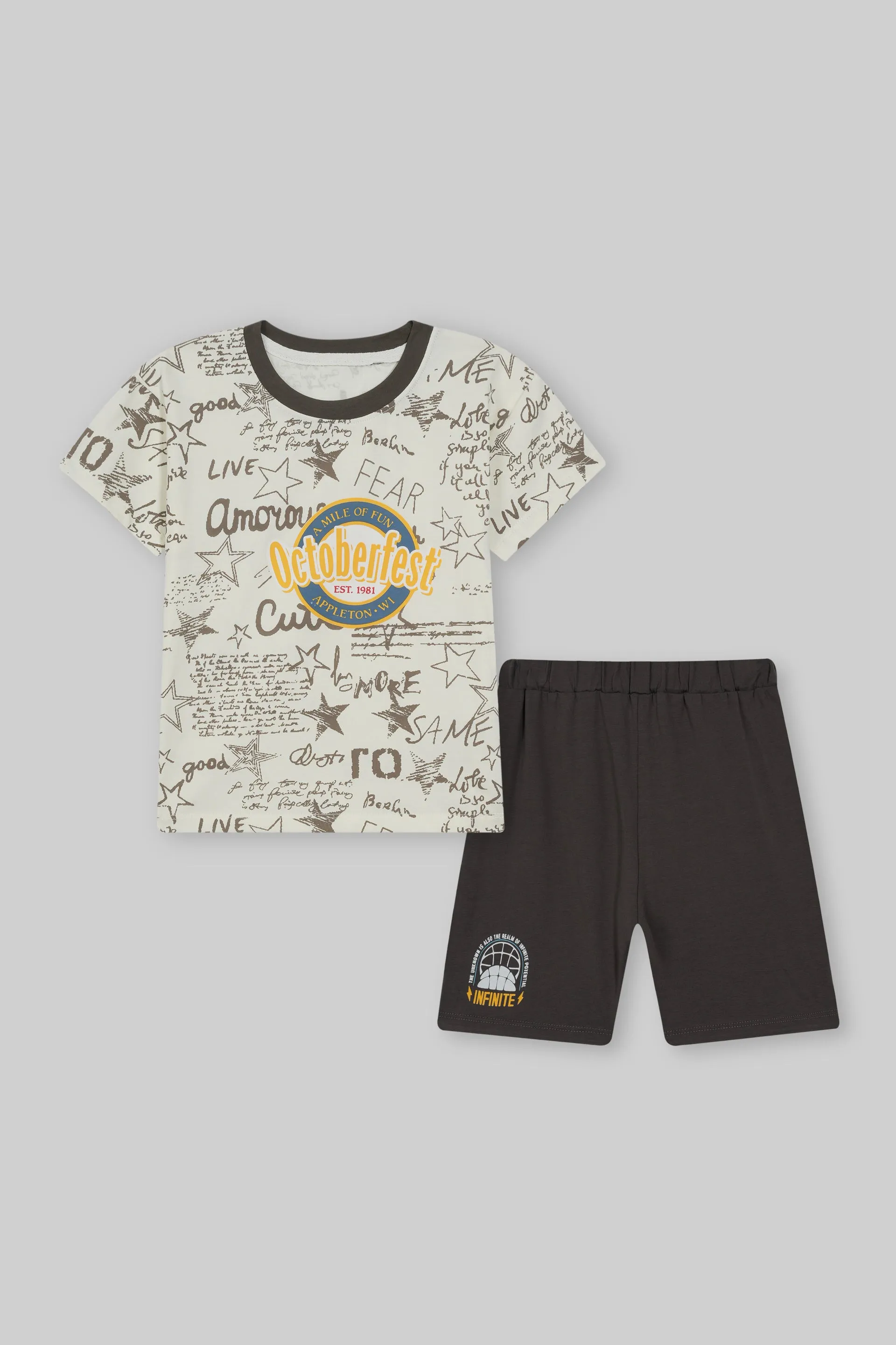 BROWN GRAPHIC TEE WITH COTTON SHORTS