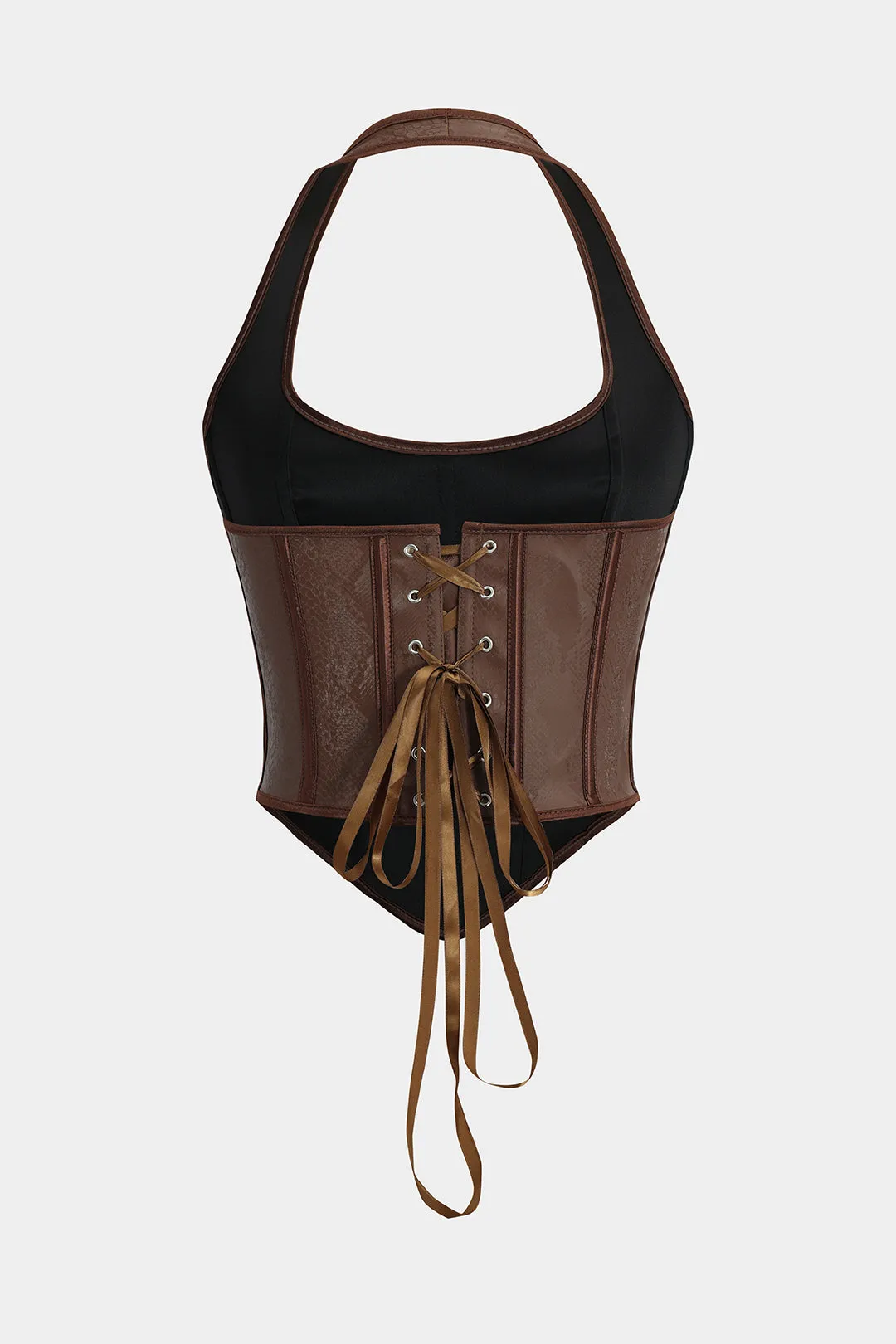 Brown Y2k faux snakeskin lace-up corset cami top 
